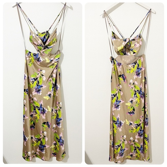 NEW ASTR The Label Cut Out Floral Midi Collette Tan Dress Small S - Picture 2 of 9